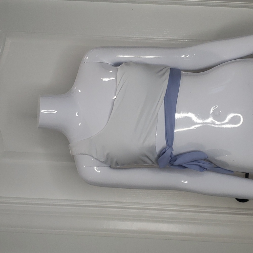 🤯3/$12 Summer Mac White & Blue One Shoulder Bikini Top Size Medium NWT